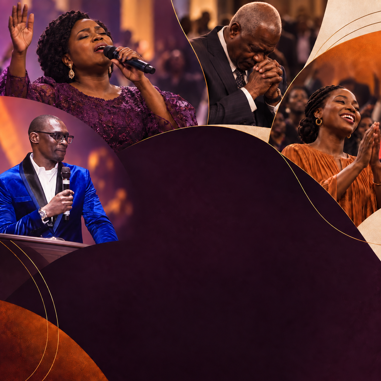 Worship collage featuring Pastor Tayo Olatunji holding a microphone